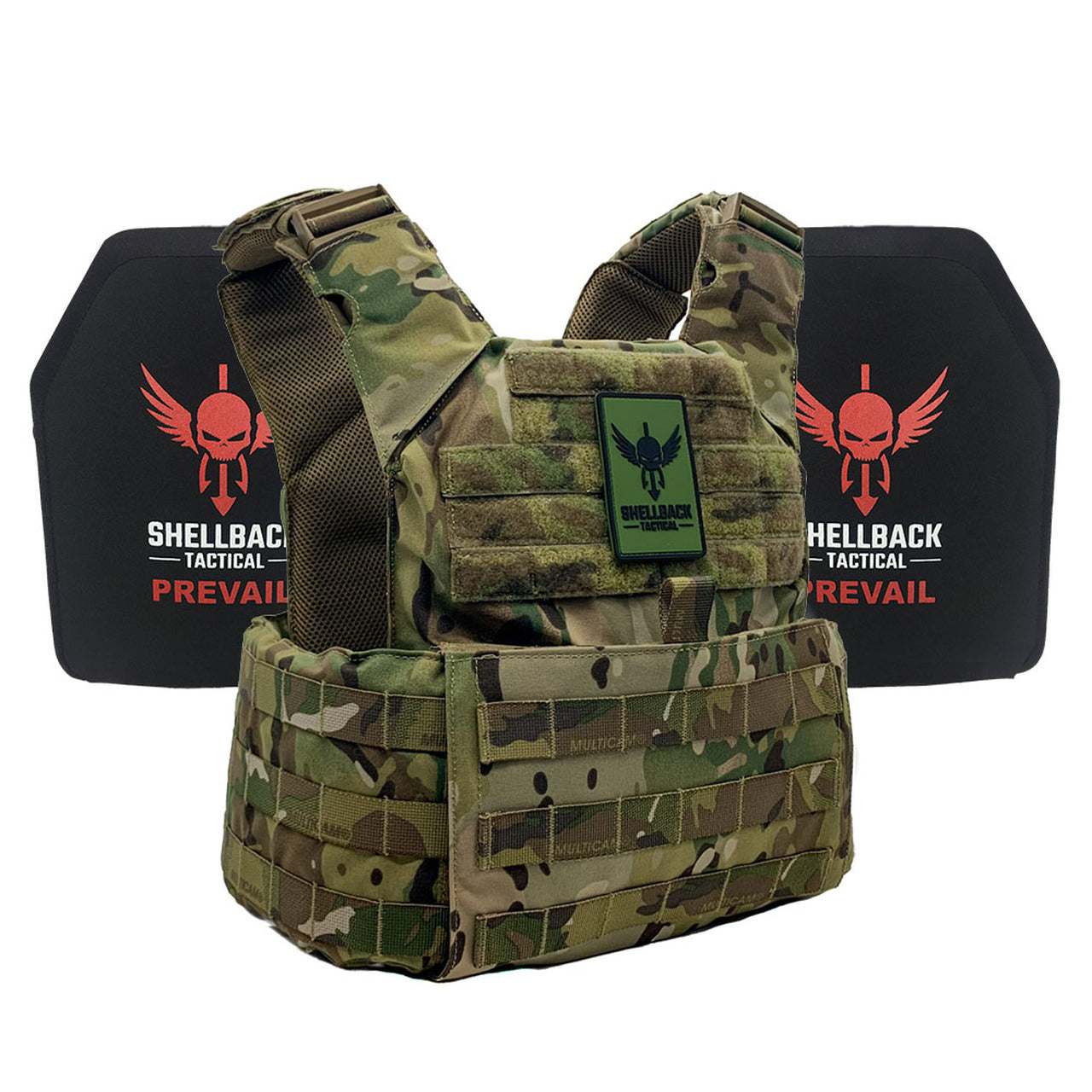 A Shellback Tactical Skirmish Active Shooter Kit with Level IV 1155 Plates plate carrier with a bulletproof vest on it.
