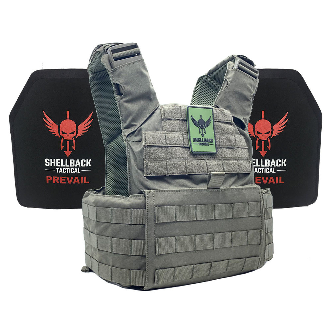 A Shellback Tactical Skirmish Active Shooter Kit with Level IV 1155 Plates gray plate carrier with a red and green shield on it.