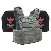 Thumbnail for A Shellback Tactical Skirmish Active Shooter Kit with Level IV 1155 Plates gray plate carrier with a red and green shield on it.