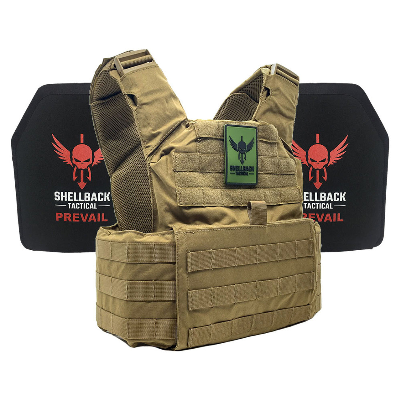 A Shellback Tactical Skirmish Active Shooter Kit with Level IV 1155 Plates plate carrier with a red shield on it.