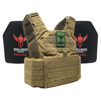 Thumbnail for A Shellback Tactical Skirmish Active Shooter Kit with Level IV 1155 Plates plate carrier with a red shield on it.