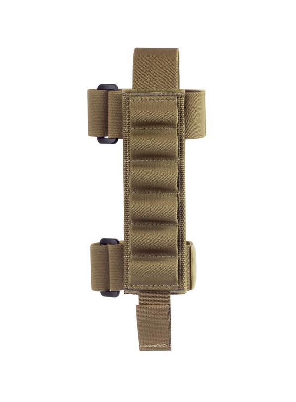 Olive green tactical Elite Survival Systems Butt Stock Bullet Holders with multiple buckles and rifle cartridge carrier, isolated on a white background.