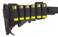 Thumbnail for Sentence with replacement: A Elite Survival Systems buttstock with a black attached ammunition pouch holding five yellow-tipped shotgun shells.