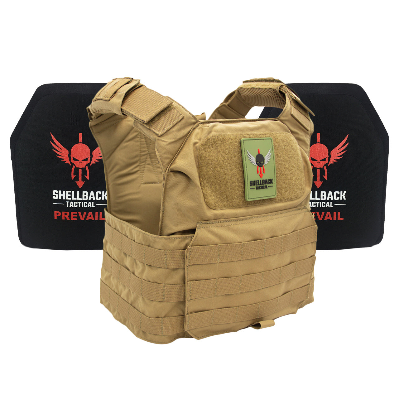 A Shellback Tactical Patriot Active Shooter Kit with Level IV Model 1155 Armor Plates Ranger Green plate carrier with the word rebarack on it.