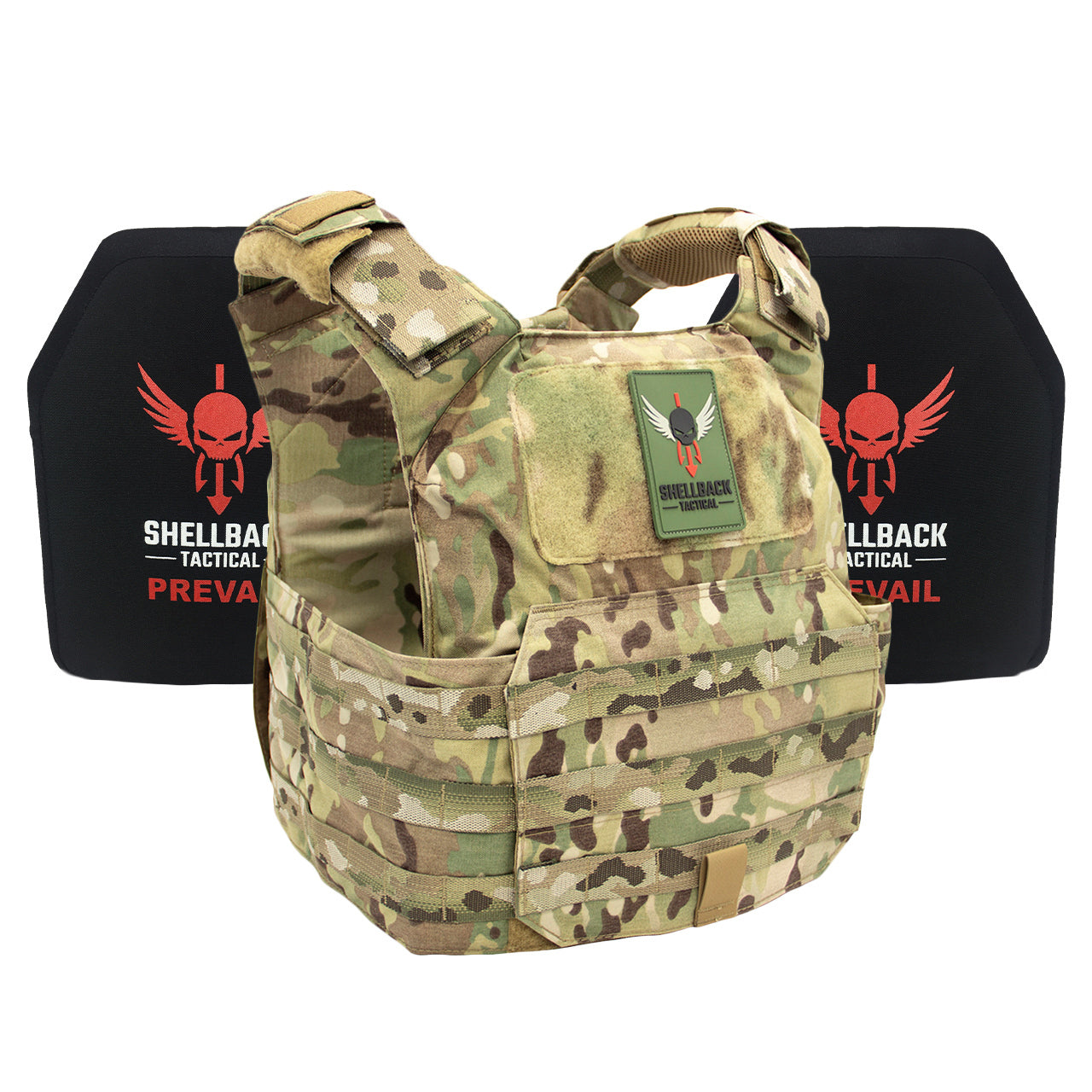 A Shellback Tactical Patriot Active Shooter Kit with Level IV Model 1155 Armor Plates Ranger Green plate carrier.