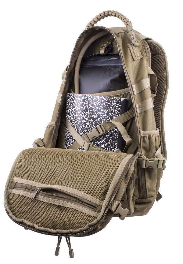 Open Elite Survival Systems PULSE 24-Hour Backpack in tan color with a laptop inside, isolated on a white background.