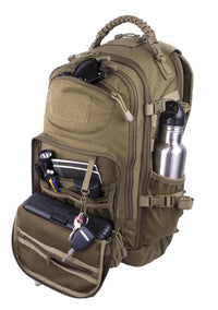 Thumbnail for A fully-equipped Elite Survival Systems PULSE 24-Hour Backpack with various compartments containing items like sunglasses, a water bottle, and pens, isolated on a white background.
