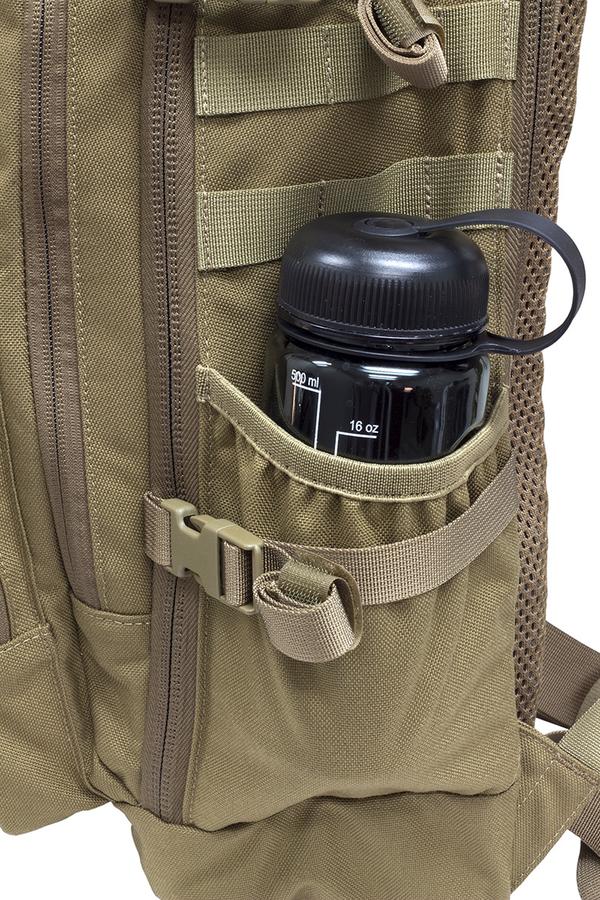 A black water bottle secured in the side pocket of a khaki Elite Survival Systems PULSE 24-Hour Backpack with zippers and straps.