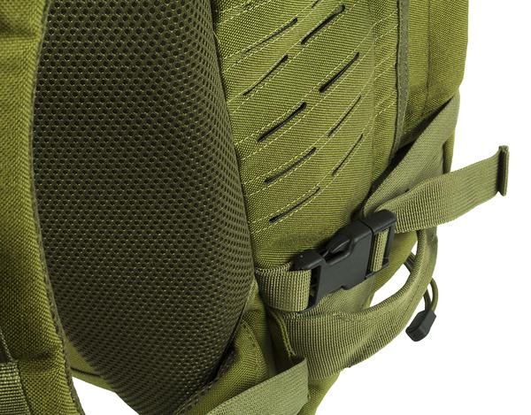 Close-up of a green Elite Survival Systems Mission Backpack featuring mesh padding and a black plastic buckle strap.