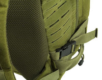 Thumbnail for Close-up of a green Elite Survival Systems Mission Backpack featuring mesh padding and a black plastic buckle strap.