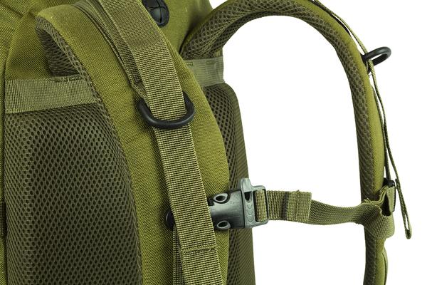 Close-up of a green Elite Survival Systems Mission Backpack featuring mesh padding and adjustable straps with a plastic buckle.