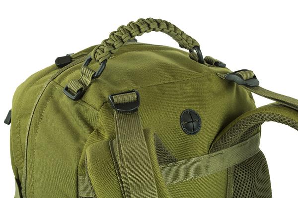 Elite Survival Systems Mission Backpack with a woven handle and multiple compartments, isolated on a white background.