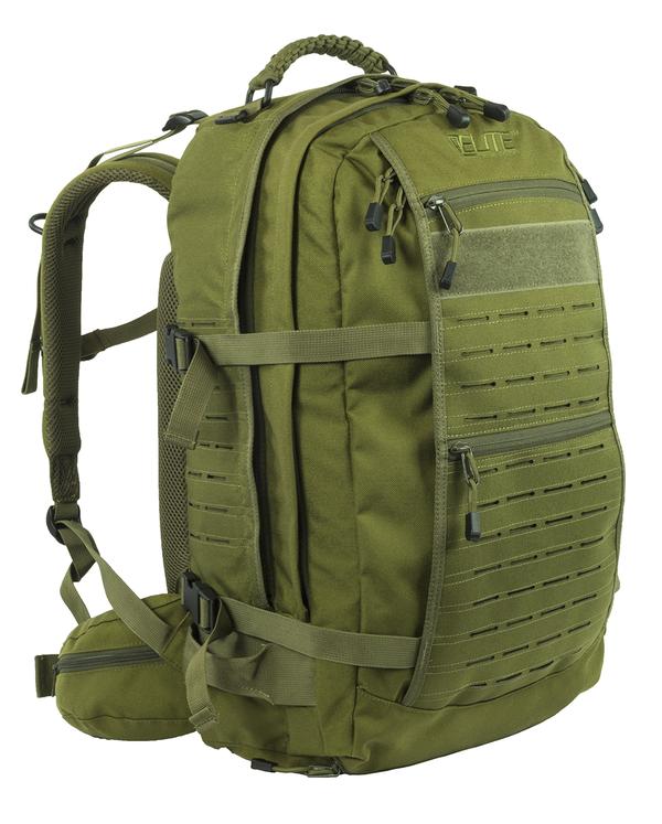 Elite Survival Systems Mission Backpacks with multiple compartments and molle webbing, viewed from the side angle.