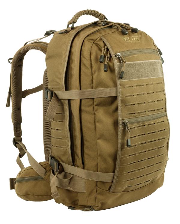 Elite Survival Systems Mission Backpacks Military-style 3-day backpack in tan with multiple compartments and molle webbing, isolated on a white background.
