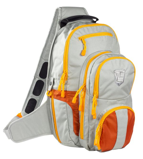 A grey and orange Elite Survival Systems Gen II Smokescreen backpack with multiple compartments, including a side pocket for a water bottle and padded straps.