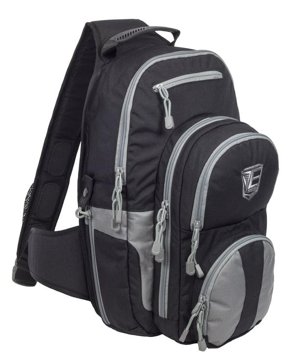 An Elite Survival Systems Gen II Smokescreen Backpack with multiple compartments and zippers, featuring a side mesh pocket and a prominent logo on the front.