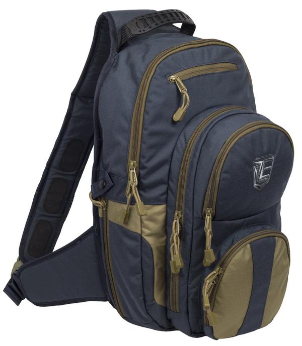 Navy blue and khaki Elite Survival Systems Gen II Smokescreen Tactical Pack with multiple compartments and zippers, featuring a padded shoulder strap and a logo on the front pocket.