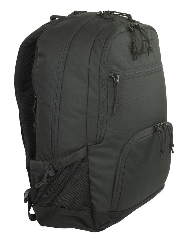 A black, multi-compartment Elite Survival Systems Echo EDC backpack with zippers and side mesh pockets, isolated on a white background.