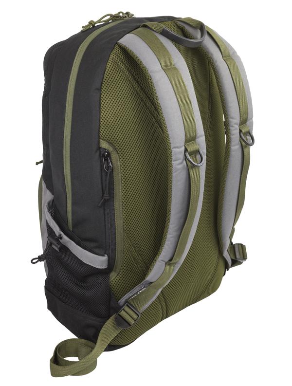 Elite Survival Systems Olive green and gray Echo EDC CCW backpack with multiple compartments, ballistic insert, and adjustable straps, isolated on a white background.