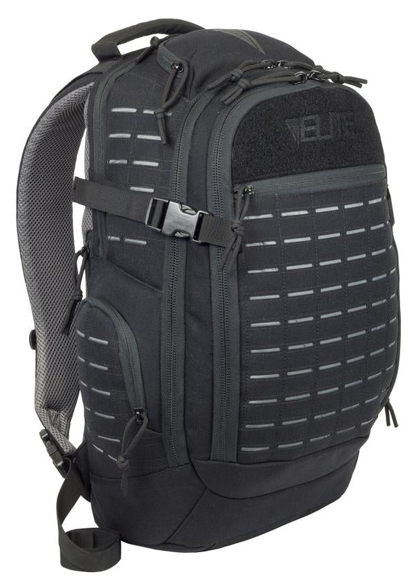 A black Elite Survival Systems Guardian EDC Backpack with molle webbing and adjustable straps, designed for EDC CCW, isolated on a white background.