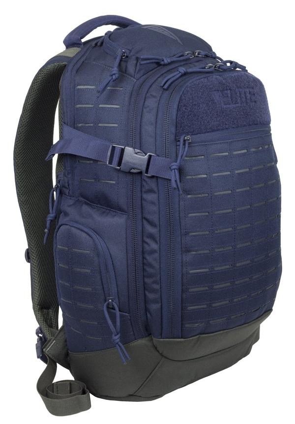 A navy blue Elite Survival Systems Guardian EDC backpack with multiple compartments and molle webbing, featuring padded straps and a sternum buckle.