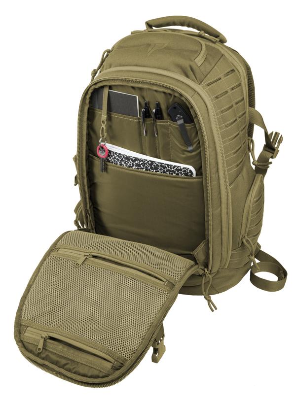 Open Elite Survival Systems Guardian EDC backpack in olive green with multiple compartments and black zippers, isolated on a white background.
