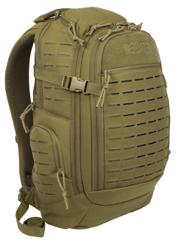 Elite Survival Systems Olive Green Guardian EDC CCW backpack with molle webbing and side compression straps, isolated on a white background.