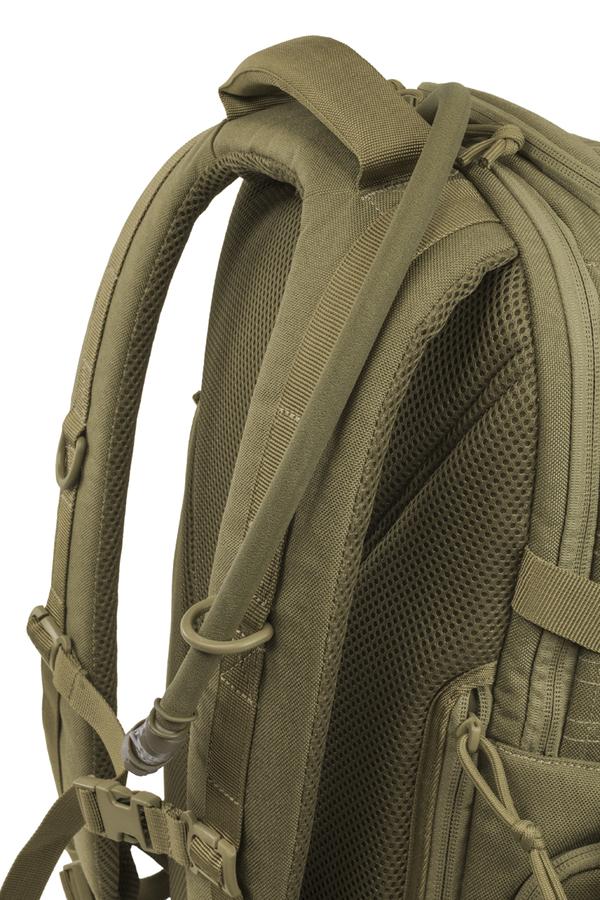 Close-up of a green Elite Survival Systems Guardian EDC Backpack showing padded shoulder straps and mesh detailing against a white background.