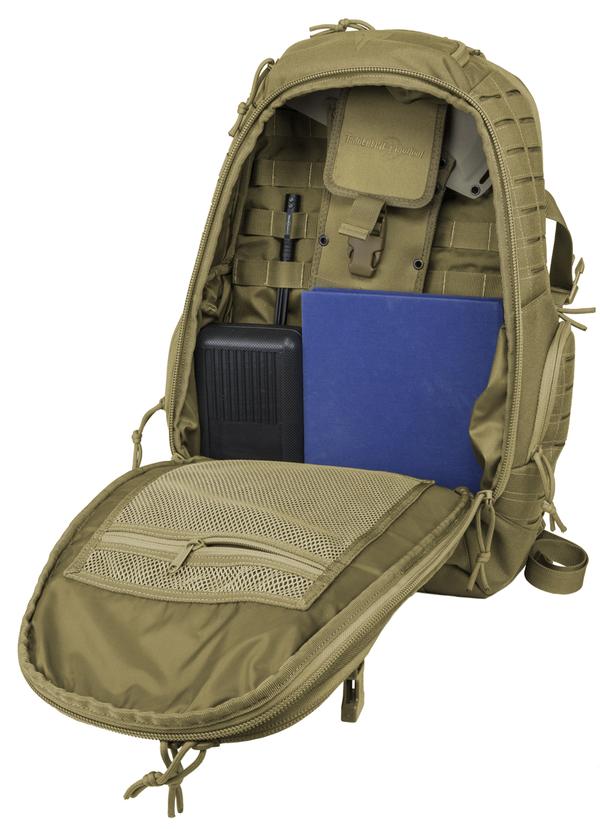 Open Elite Survival Systems Guardian EDC Backpack displaying organized compartments with various items including a notebook, pens, electronic devices, and a ballistic insert, isolated on a white background.