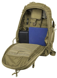 Thumbnail for Open Elite Survival Systems Guardian EDC Backpack displaying organized compartments with various items including a notebook, pens, electronic devices, and a ballistic insert, isolated on a white background.