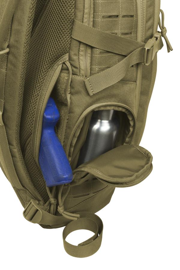 Elite Survival Systems Guardian EDC backpack with a stainless steel water bottle in the side pocket and blue lid visible.