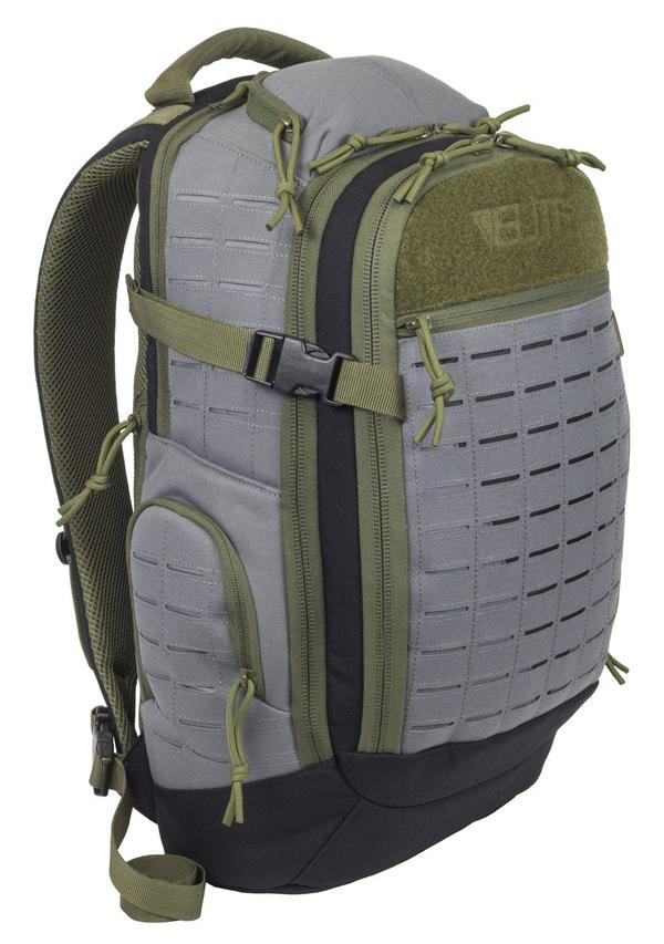 A gray Elite Survival Systems Guardian EDC Backpack with molle webbing, zipper compartments, and padded shoulder straps.
