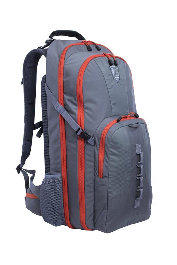Gray and orange Elite Survival Systems STEALTH Covert Operations Backpack with multiple compartments and side mesh pocket, isolated on a white background.