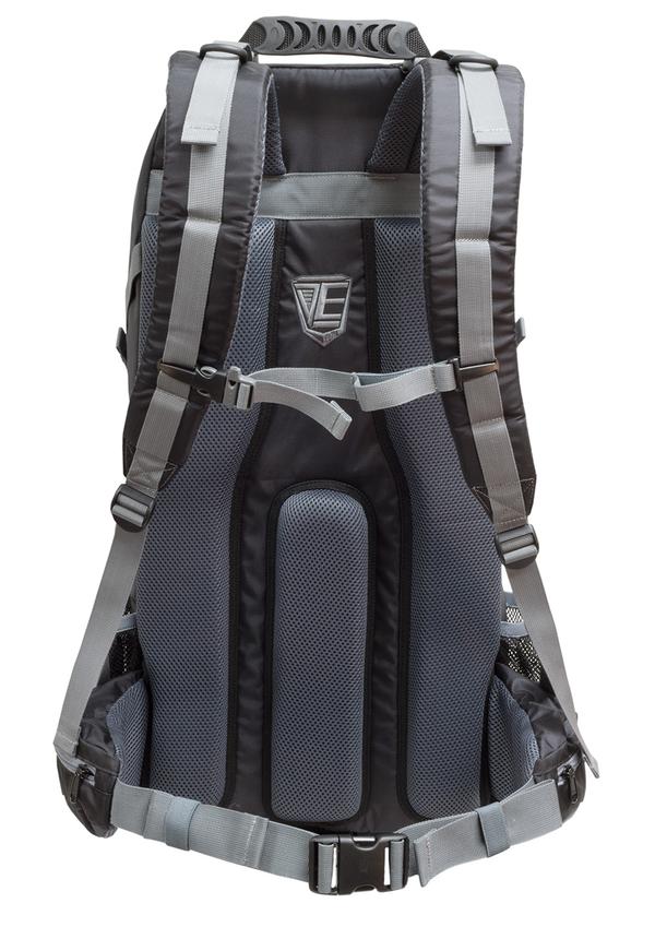 Back view of a modern gray and black Elite Survival Systems STEALTH Covert Operations Backpack with adjustable straps and a padded back panel, isolated on a white background.