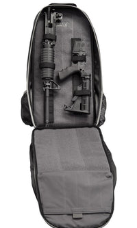 Thumbnail for Backpack with compartments holding a disassembled rifle and two handguns, displayed on a gray background, is an Elite Survival Systems STEALTH Covert Operations Backpack.
