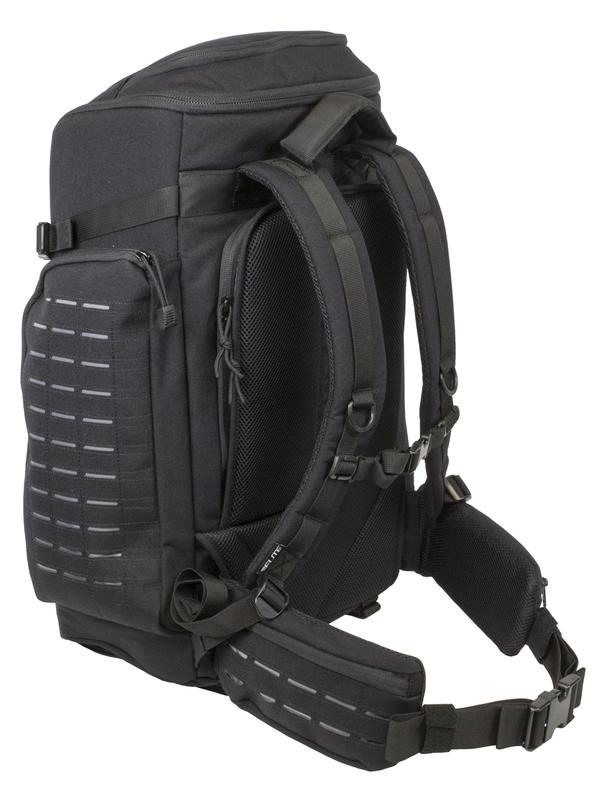 A black Elite Survival Systems Tenacity-72 Three Day Support/Specialization Backpack with multiple compartments and padded shoulder straps, isolated on a white background.