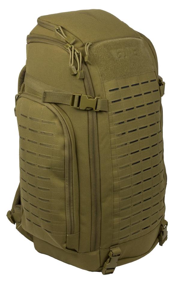 Olive green Elite Survival Systems Tenacity-72 Three Day Support/Specialization Backpack with multiple compartments and molle webbing, isolated on a white background.