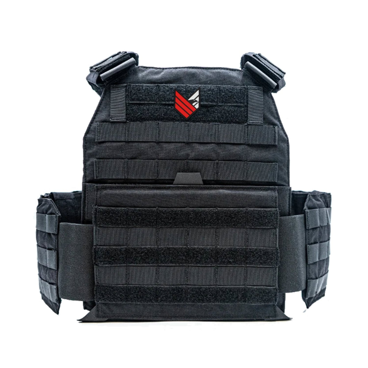 A black Body Armor Direct Advanced Body Armor Plate Carrier with Cummerbund on a white background.