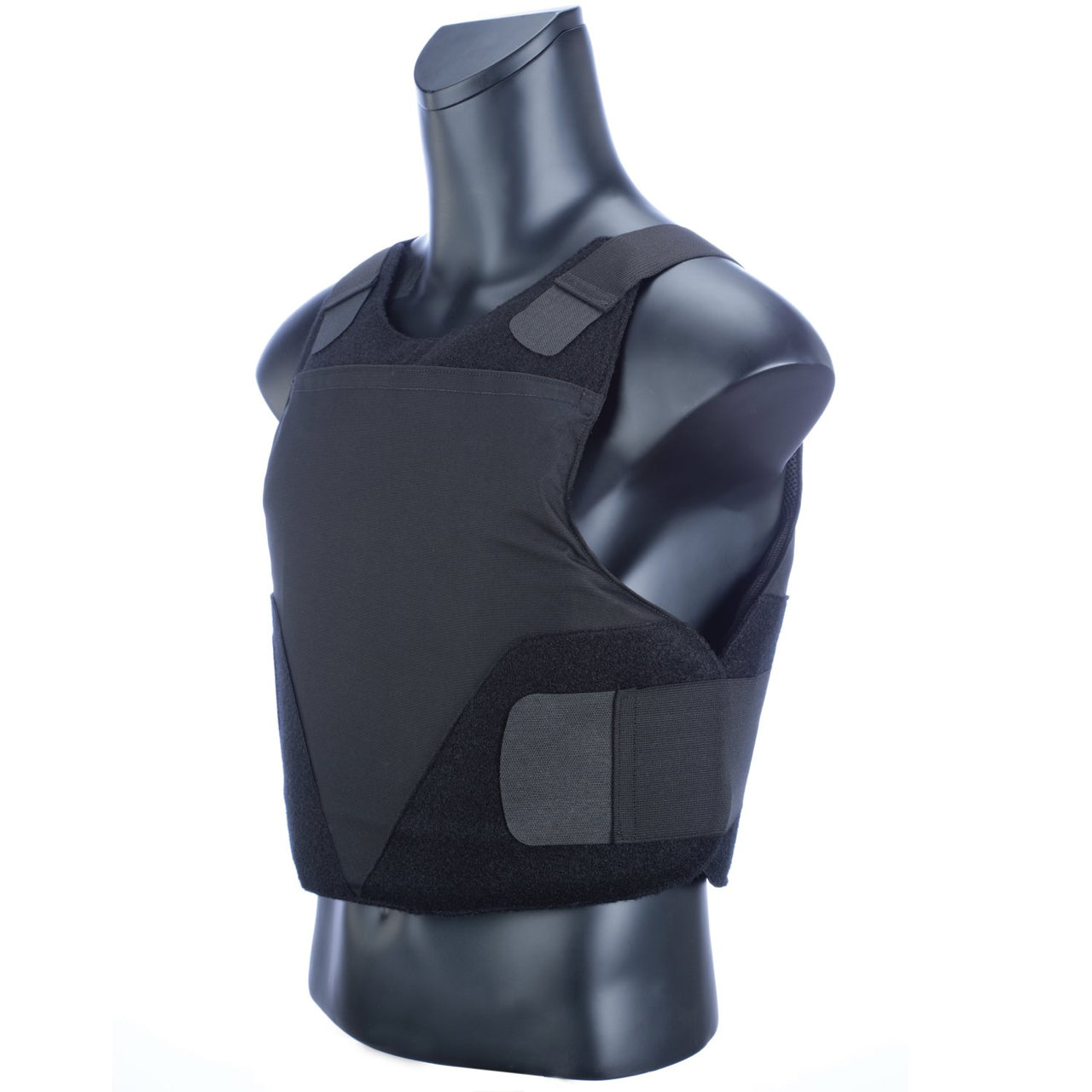 A mannequin wearing a black Body Armor Direct All American Concealable Enhanced Multi-Threat Vest.