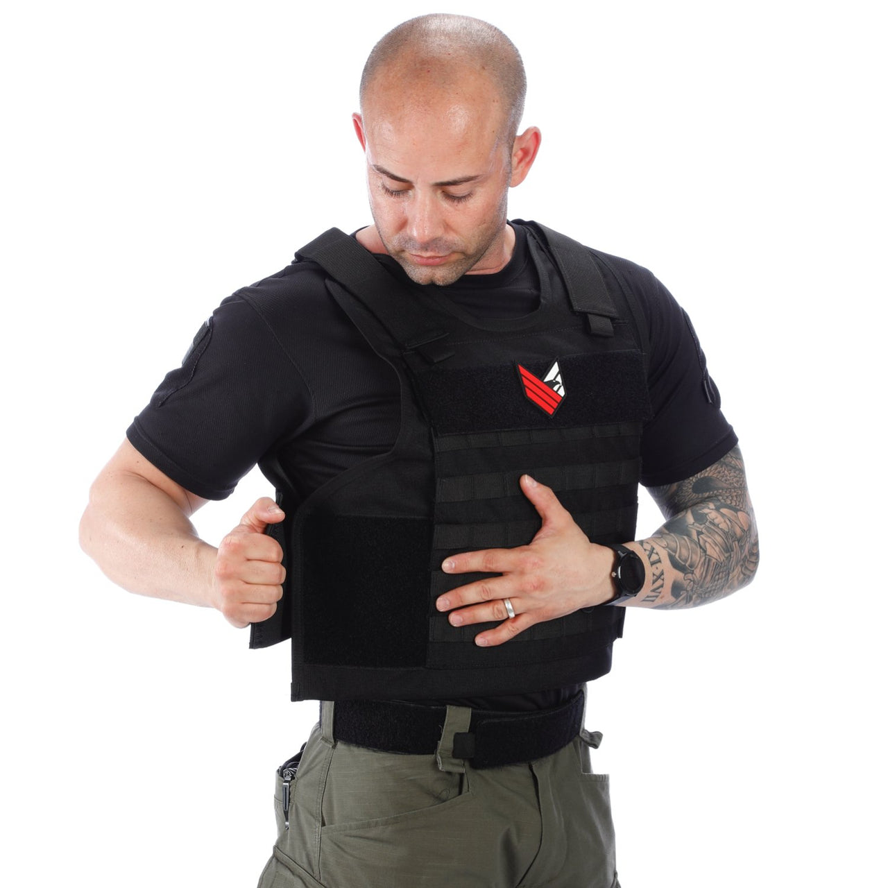 A man wearing the Body Armor Direct All Star Tactical Enhanced Multi-Threat Vest on a white background.