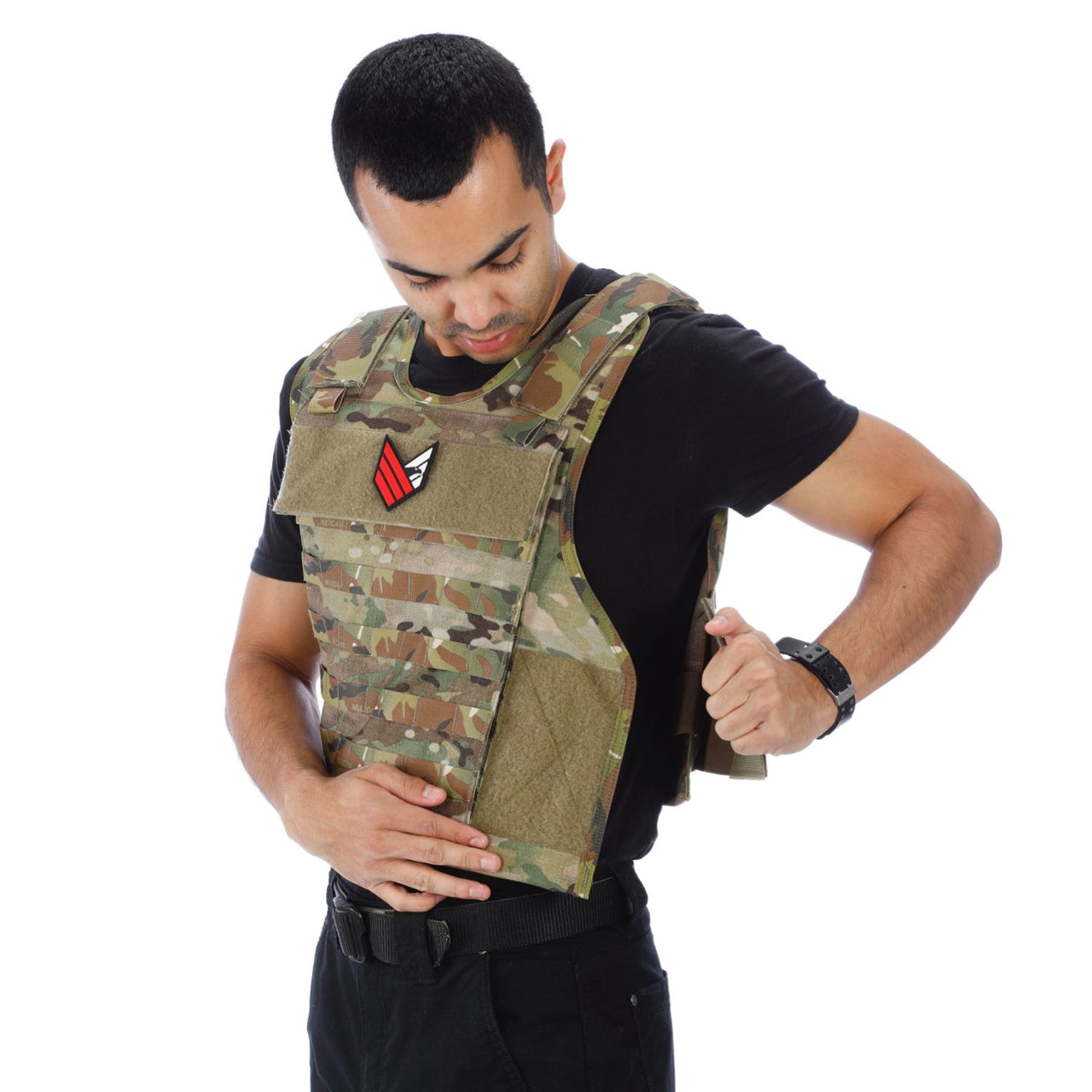 A man wearing a Body Armor Direct All Star Tactical Enhanced Multi-Threat Vest plate carrier.