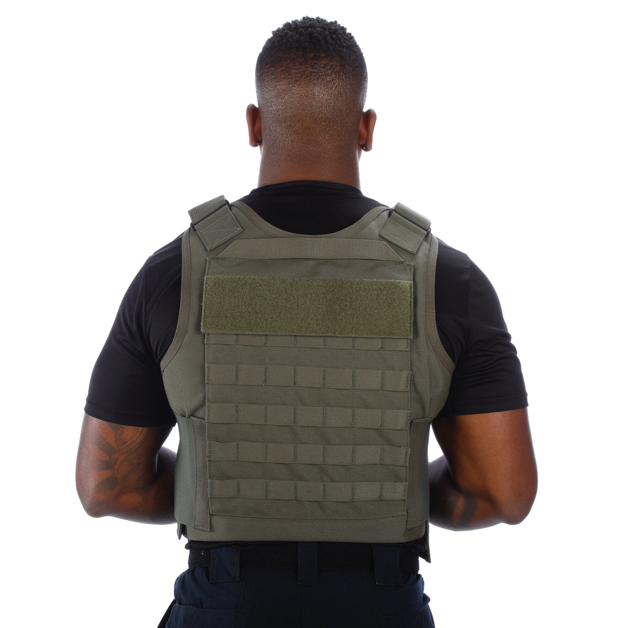 The back view of a man wearing a Body Armor Direct All Star Tactical Enhanced Multi-Threat Vest.