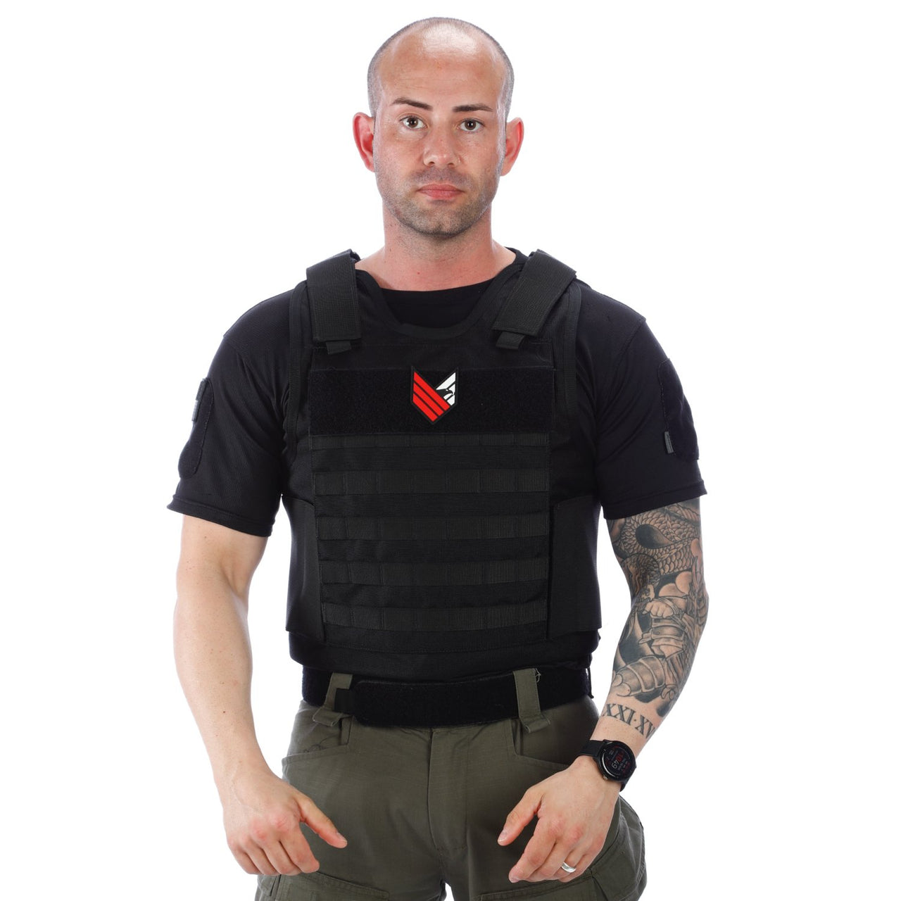A man wearing a Body Armor Direct All Star Tactical Enhanced Multi-Threat Vest on a white background.