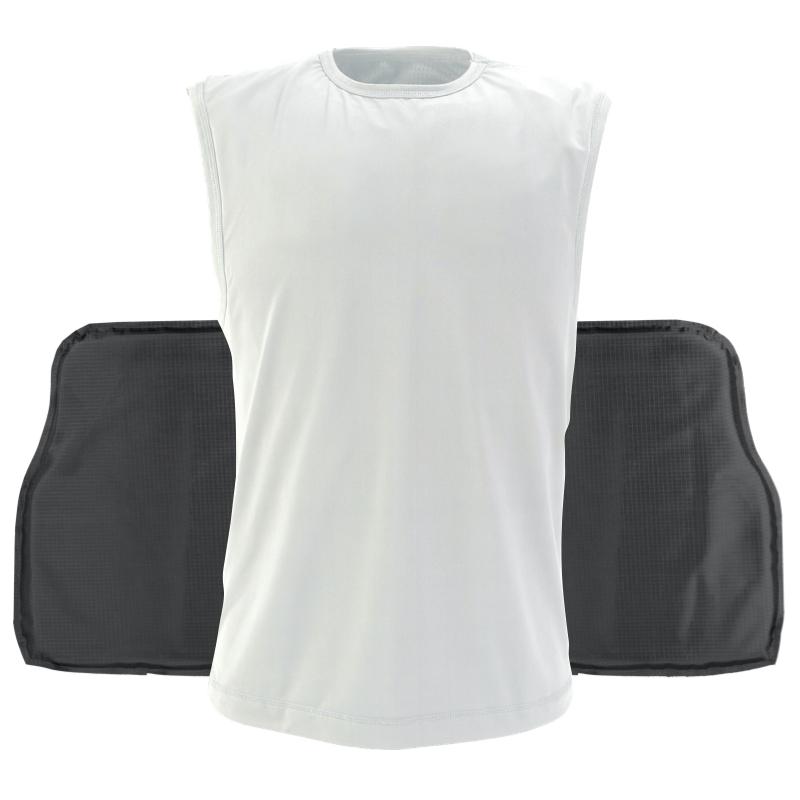 A white Body Armor Direct VIP T-Shirt Concealable Enhanced Multi-Threat with a black sleeve protector.