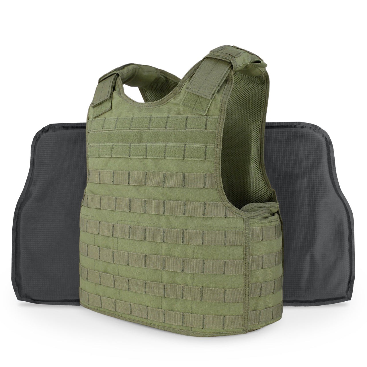 A green Body Armor Direct Defender Tactical Multi-Threat Soft Armor Vest & Plate Carrier in One with a black pouch.