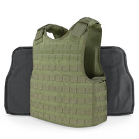 Thumbnail for A green Body Armor Direct Defender Tactical Multi-Threat Soft Armor Vest & Plate Carrier in One with a black pouch.