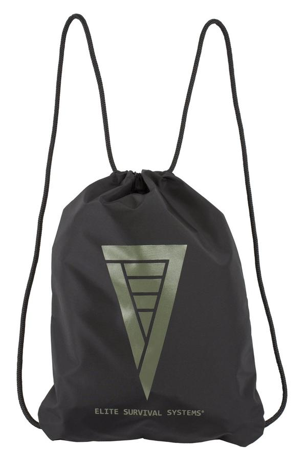 Black Elite Survival Systems Elite Drawstring Cinch Pack EDCP-OD with a gray triangular logo and the text "elite survival systems" printed on it.