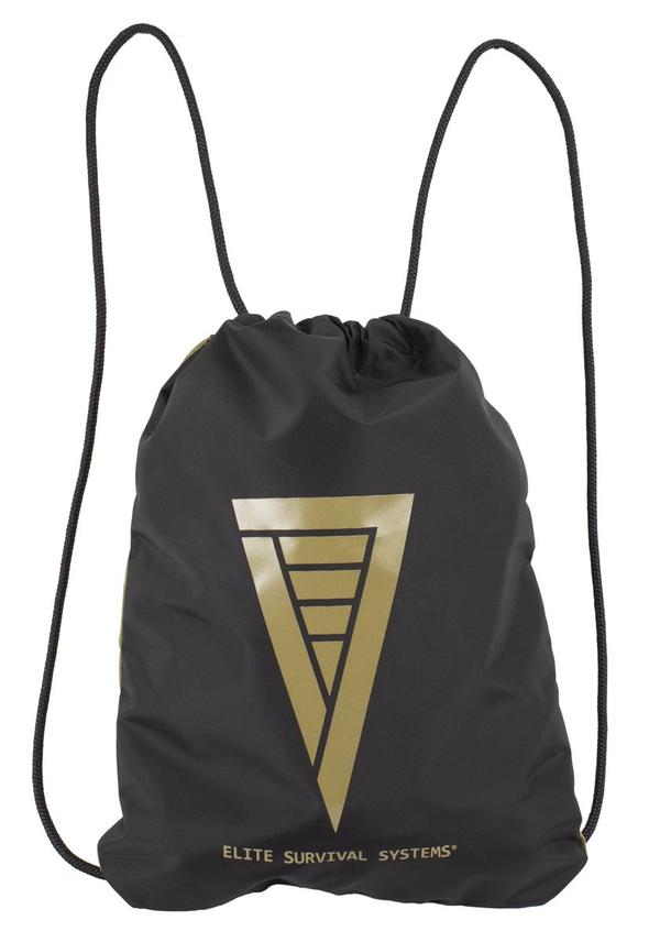 Black durable nylon drawstring bag featuring a gold triangular logo with the text "Elite Survival Systems Elite Drawstring Cinch Pack EDCP-OD" below it.
