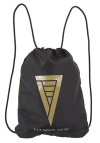 Thumbnail for Black durable nylon drawstring bag featuring a gold triangular logo with the text 