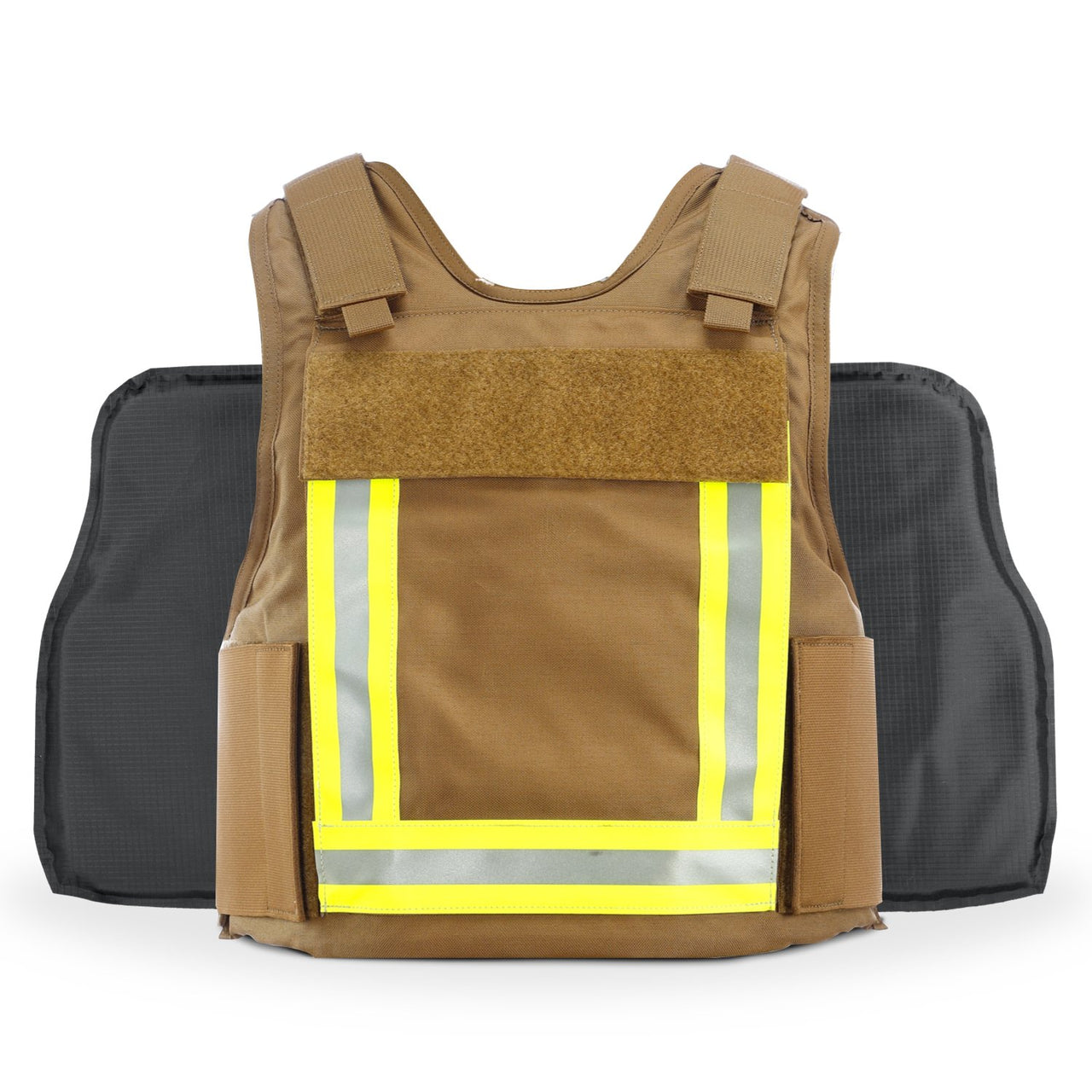 A Body Armor Direct Fireman Tactical Multi-Threat Vest with reflective strips on it.